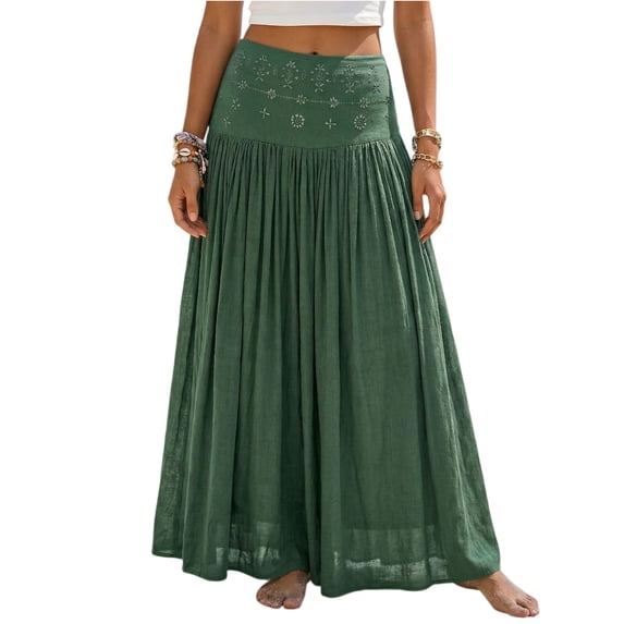 Embroidery Maxi Skirts for Women with Pockets Midi Length Long Skirt Casual Beach Party Holiday Cotton Linen Skirt Green M