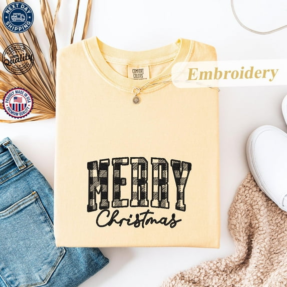 Embroidery Merry Christmas Comfort Colors® Shirt, Buffalo Plaid Christmas Shirt, Holiday Family Group Shirts, Cute Winter Holiday Shirt