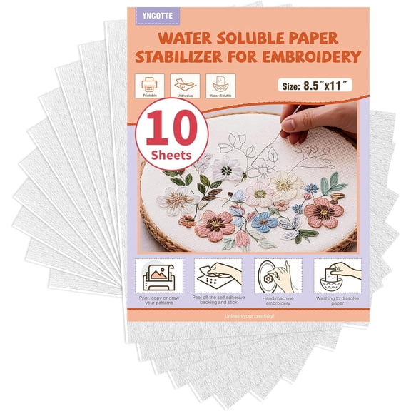Embroidery Paper Wash Away 8.5x11 Inch, 10 Sheets Dissolvable Embroidery Stabilizer Printable Sticky Embroidery Paper Stabilizer Allowed for Sewing Hand & Machine Embroidery