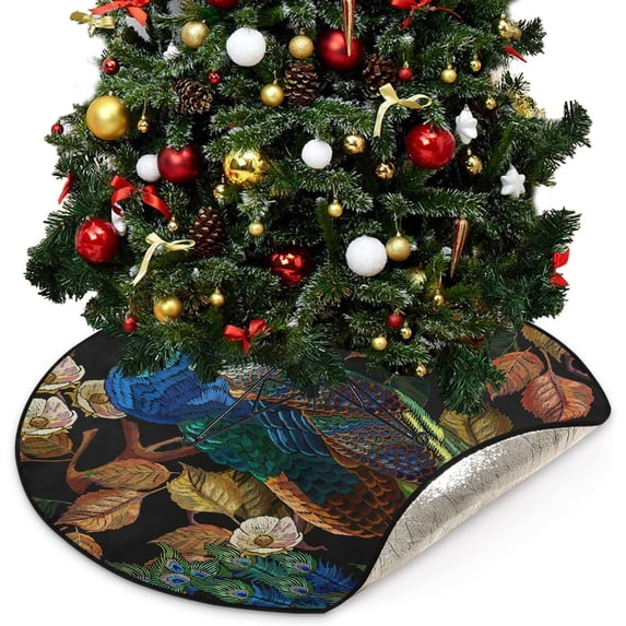 Embroidery Peacocks Autumn Christmas Tree Mats Waterproof Tree Skirt, Xmas Tree Stand Tray Mat Floor Protector Pad for Holiday Party Decoration, 28.3"