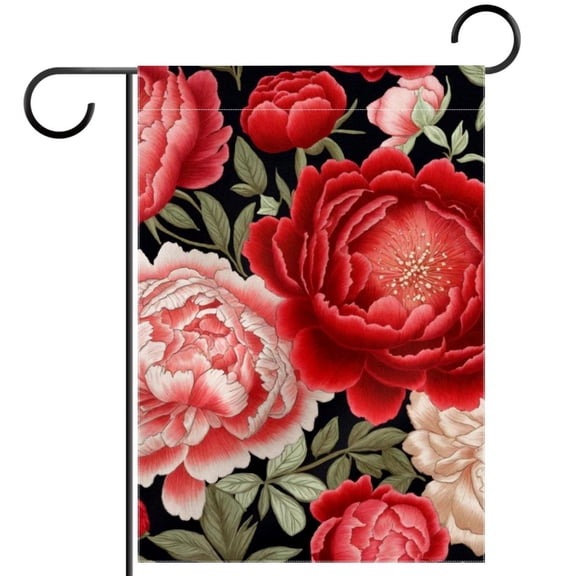 Embroidery Peonies and Red Roses Flowers Garden Flag Double Sided House Flag for Outdoor Home, Personalized All Year Round Yard Decor 12 x 18 Inch