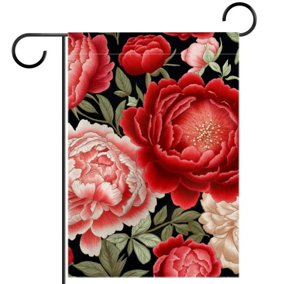 Embroidery Peonies and Red Roses Flowers Garden Flag Double Sided House Flag for Outdoor Home, Personalized All Year Round Yard Decor 12 x 18 Inch