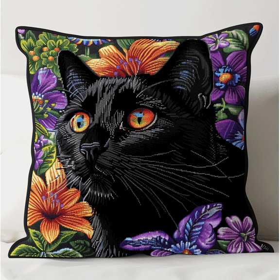 Embroidery Pillow Cases Black cat Cross Stitch Cushion Cover Needlepoint Pillow 18x18inch