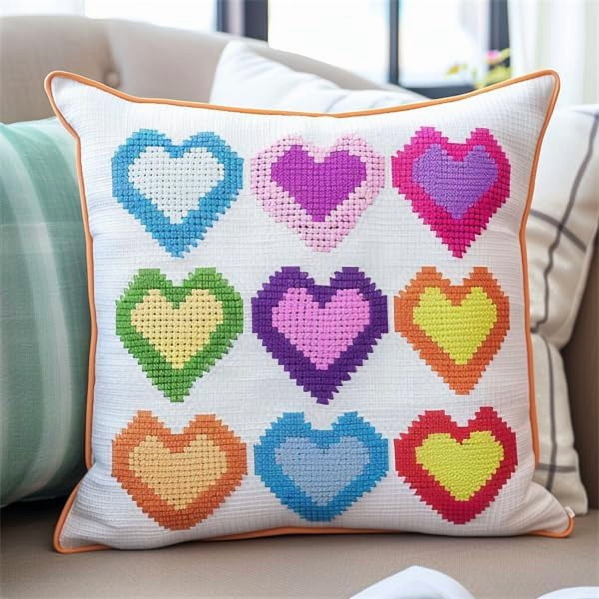 Embroidery Pillow Cases Colorful Heart Shapes Stamped Embroidery Kit Cross Stitch Pillow Cases 18x18in