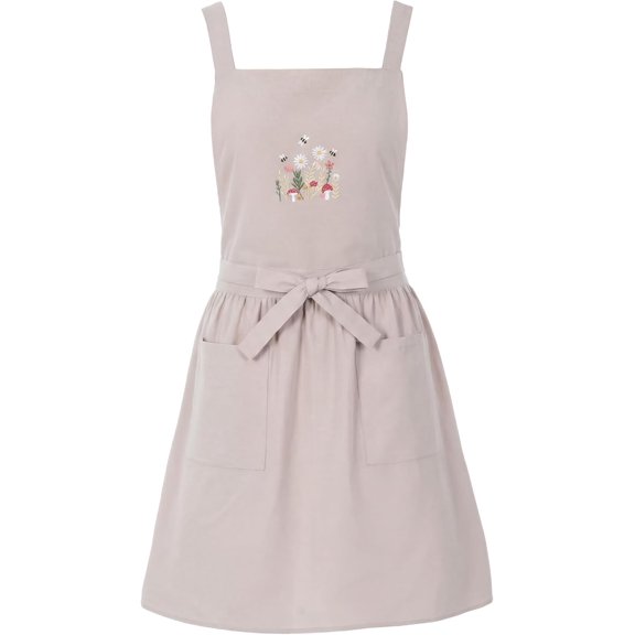 Embroidery Pinafore Apron Dress for Women with Pockets Floral Bee Chef Cotton Apron for Kitchen Cooking Gardening