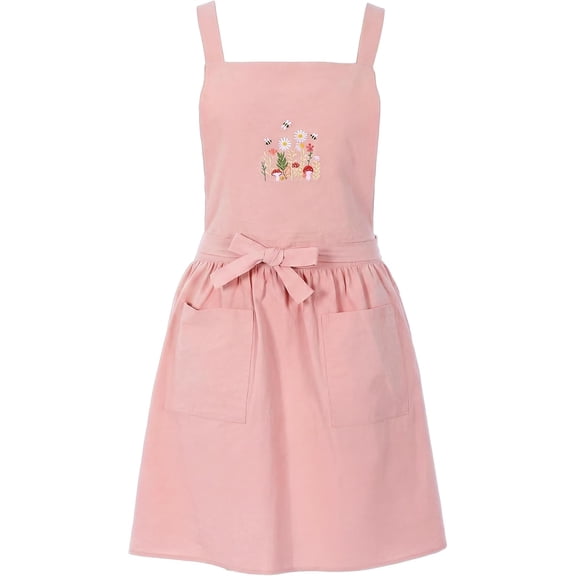 Embroidery Pinafore Apron Dress for Women with Pockets Floral Bee Chef Cotton Apron for Kitchen Cooking Gardening