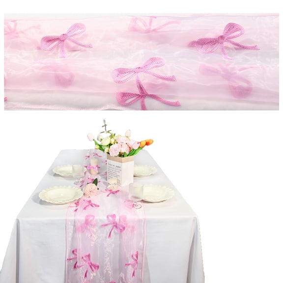 Embroidery Pink Bow Tulle Table Runner,118in Coquette Pink Cheesecloth Table Runner Gauze Boho Dining Decor for Wedding Birthday Christmas Valentine's Home Decor