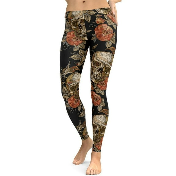 Embroidery Print Skull Leggings Size: L for Women | FIERCEPULSE