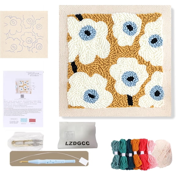 Embroidery Punch Needle Kit Frame, Punch Needle Kits Adults Beginner, Embroidery Starter Kit, Punch Needle Tool with 9.8x9.8 in Punch Needle Fabric with Pattern, Threader, Yarns, Pinch Needle (White)