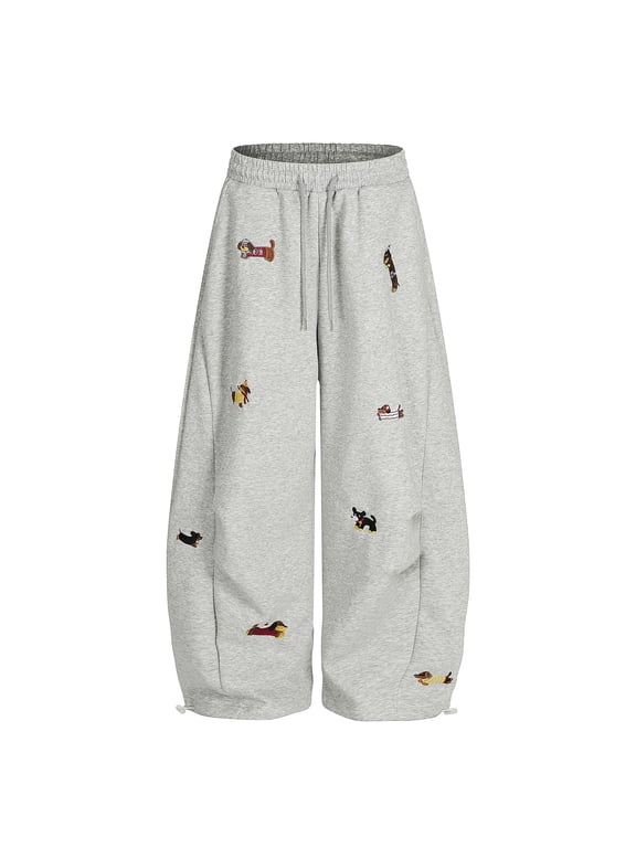 Embroidery Puppy Baggy Barrel Sweatpants Casual Y2K Elastic Drawstring Unisex Wide Leg Pants Lantern Trouser Gray L