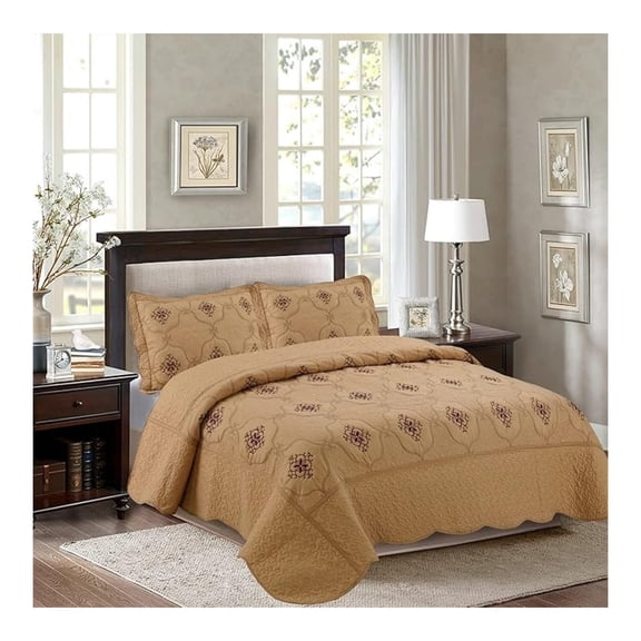 Embroidery Quilt Set 3 Piece Queen (106x100) Lightweight Bedspread Coverlet Floral Design Polyester Bedding Set for Bedroom Décor