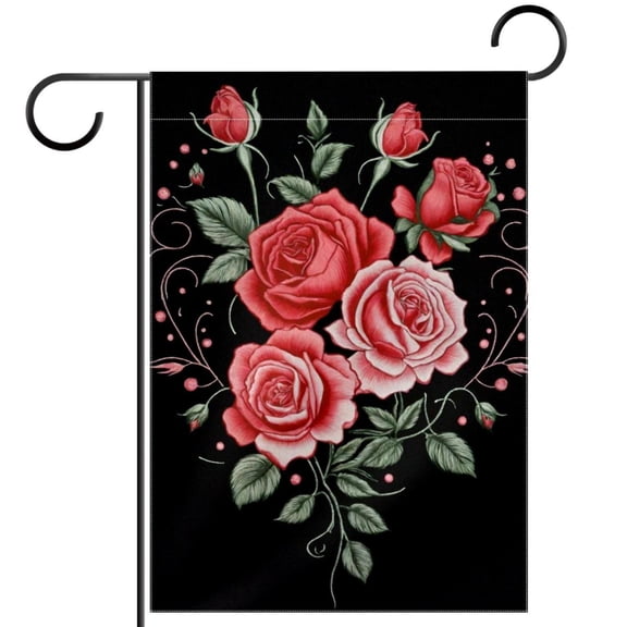 Embroidery Roses on Black Background Garden Flag Double Sided House Flag for Outdoor Home, Personalized All Year Round Yard Decor 12 x 18 Inch