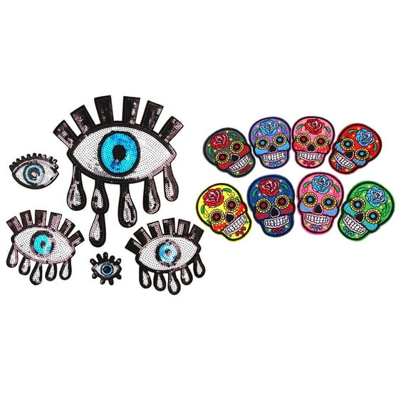 Embroidery SUGAR SKULL Motif + Eye Sequin Applique Punk Iron/Sew On