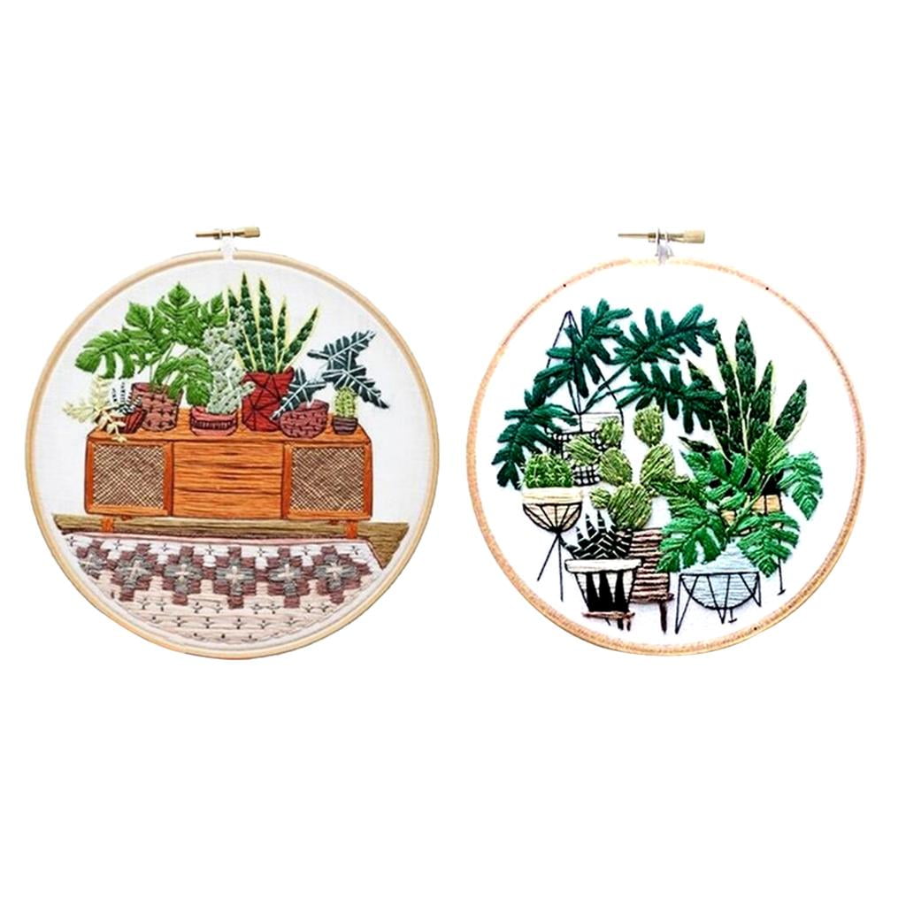 Embroidery Set of 2 with Potted Patterns And Instructions, Embroidery Sets Flower Pattern, with Colored Threads Fabric And Tools - 02, 30cm