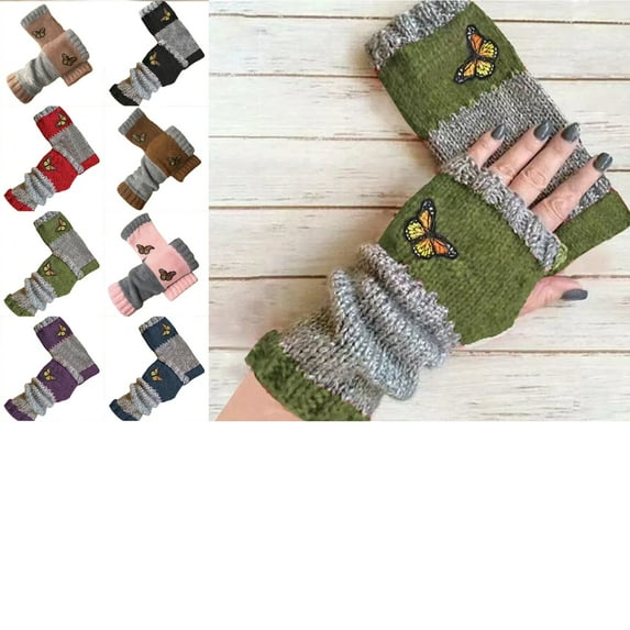 Knit Gloves - Embroidery Butterfly Soft Cute,Girls Winter Knit Fingerless Gloves | for Ladies Adults Teens Students Commuting Green Free