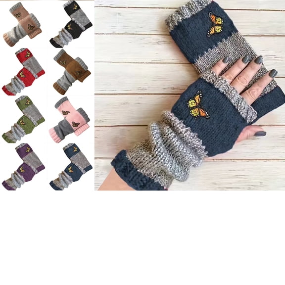 Embroidery Splicing Knitted Gloves, Fashion Knitted Fingerless Gloves, Vintage Winter Cozy Warm Casual Glove for Women Navy Free