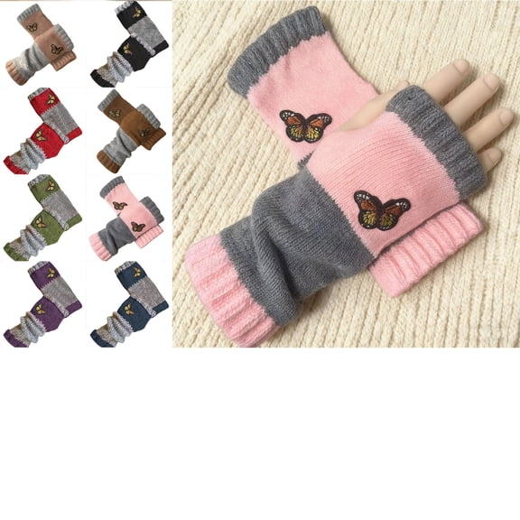 Embroidery Splicing Knitted Gloves, Fashion Knitted Fingerless Gloves, Vintage Winter Cozy Warm Casual Glove for Women Pink Free