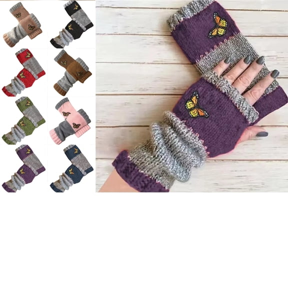 Embroidery Splicing Knitted Gloves, Fashion Knitted Fingerless Gloves, Vintage Winter Cozy Warm Casual Glove for Women Purple Free