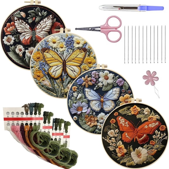 Embroidery Starter Kit 4-Pack – Butterfly Cross Stitch Set with Hoop, Needles, Threads & Easy Tutorial, Adorable Animal Patterns for Beginners(M)