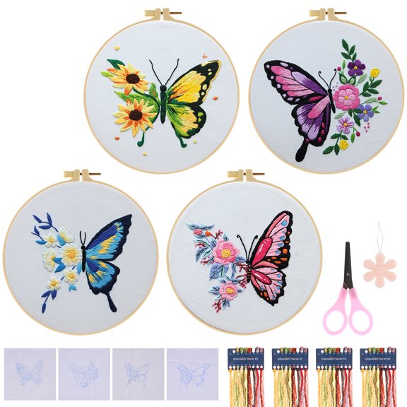 Embroidery Starter Kit for Beginners Adults Mushroom Embroidery Starter Kits Flower and Grass Cross Stitch Kit with Scissors Embroidery Floss Embroidery Hoop Threader Needles for DIY Crafts