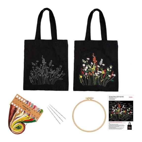 Embroidery Starter Kit for Beginners, DIY Canvas Tote Bag Embroidery Kit with Flower Pattern, Includes 7.9" Hoop, Color Threads & Tools, Floral Needlepoint Set, Black (1 Set)