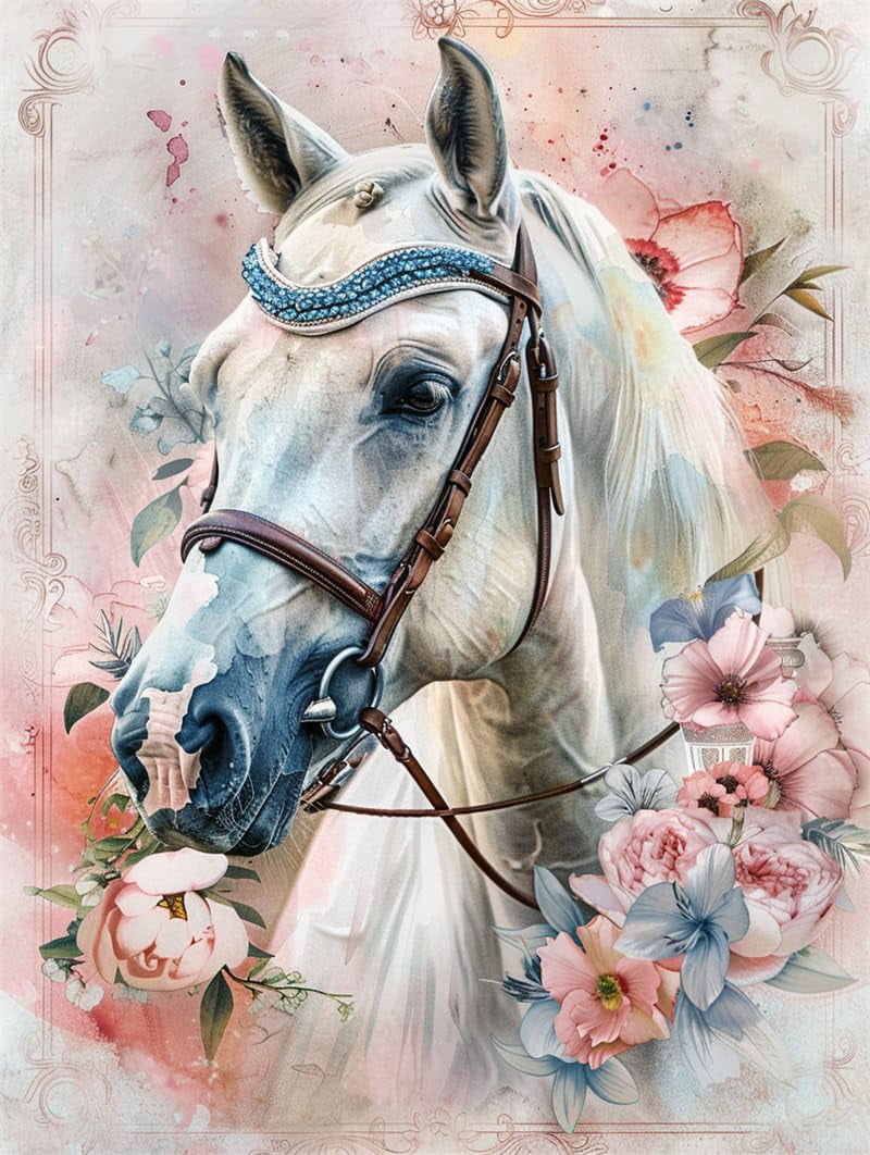 Embroidery Starter Kit Flowers and horses Needlework Preprint Cross Stitch Kits 16x20in
