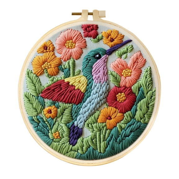 Embroidery Starter Kit, Hummingbird Floral Punch Needle Beginner Set with 7.9 Inch Round Embroidery Hoop, Complete DIY Handmade Craft Supplies for Adults Kids Beginners Home Wall Decor Art Project