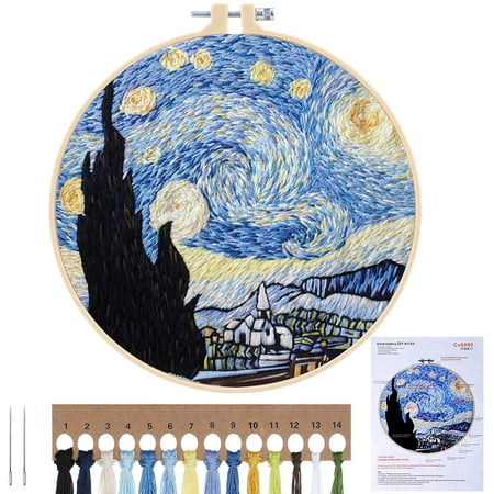 Embroidery Starter Kit for Adults Beginner, Starry Sky Stamped DIY Embroidery Kit, Handmade Sewing Craft Stitch Starter Kit