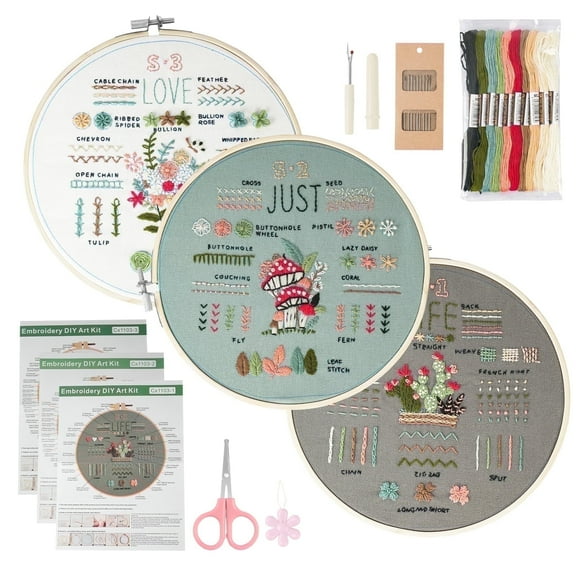 Embroidery Kit for Beginners – 3-Pack Pre-Printed Patterns, Hoop, Threads & Needles, Step-by-Step Guide & Video – DIY Craft Gift for Adults