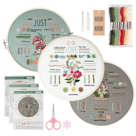 Embroidery Kit for Beginners – 3-Pack Pre-Printed Patterns, Threads & Needles, 1 Pattern Hoops, Step-by-Step Guide & Video – DIY Craft Gift for Adults