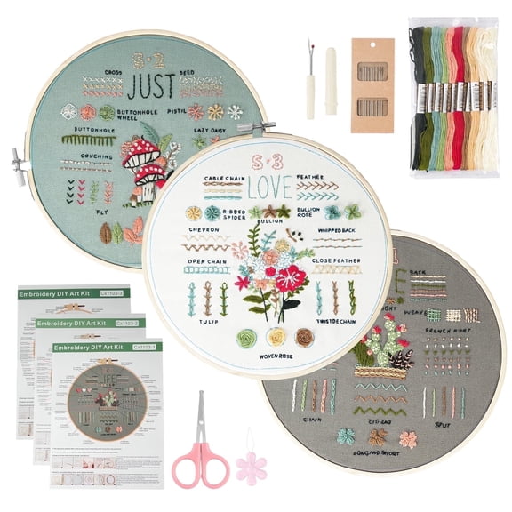 Embroidery Kit for Beginners – 3-Pack Pre-Printed Patterns, Threads & Needles, 1 Pattern Hoops, Step-by-Step Guide & Video – DIY Craft Gift for Adults