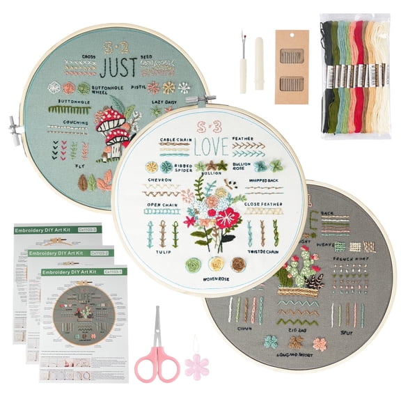 Embroidery Kit for Beginners – 3-Pack Pre-Printed Patterns, Hoop, Threads & Needles, Step-by-Step Guide & Video – DIY Craft Gift for Adults