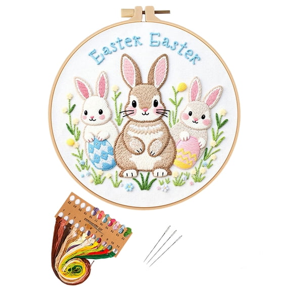 Embroidery Starter Kit with Easter Bunny’s Floral Egg Nest Pattern, DIY Full Range Stamped Embroidery Cross Stitch Kits for Beginners Adults