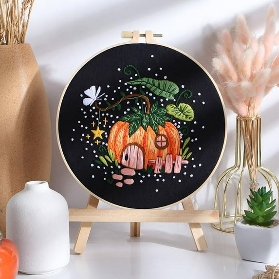 Embroidery Starter Kits with Halloween Pumpkin Pattern and Instructions, Plastic Embroidery Hoops,Color Threads and Needles,Embroidery Kit for Home Decor(LE61)
