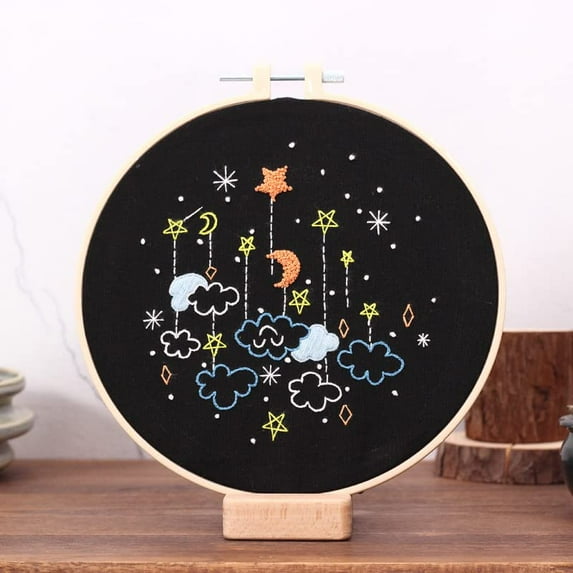 Embroidery Starter Kits with Stars & Moon Pattern and Instructions, Plastic Embroidery Hoops,Color Threads and Needles,Embroidery Kit for Home Decor(LE18)