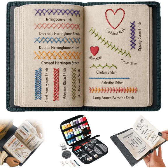 Embroidery Stitch Book, DIY High-Density Linen Stitch Books Set with Step Tutorials, Creative Embroidery Stitch Book Set with Sewing Kit, 106 Unique Stitches