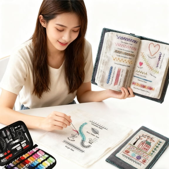 Embroidery Stitch Book Kit 2pcs with Portable Design, Includes Two Practice Books, Illustrated Tutorials and Complete Sewing Tool Sets for Learning