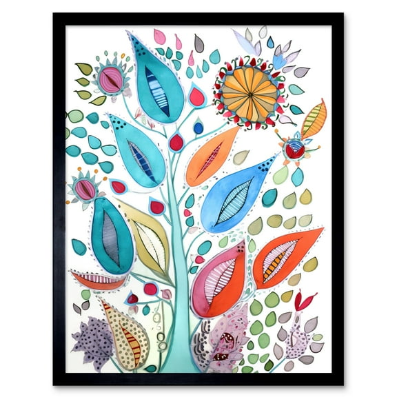 Embroidery Style Flowers Folk Art Watercolour Painting Art Print Framed Poster Wall Decor 12x16 inch