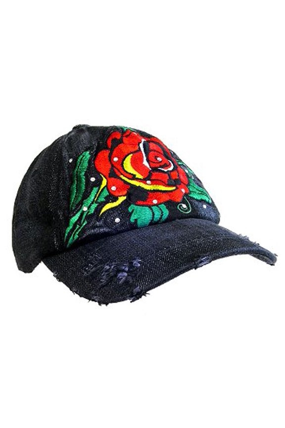 Embroidery Tattoo Cap - Rose (Washed Cotton) - Black - HT-BSR100BK