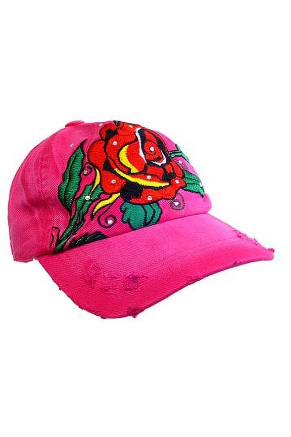 Embroidery Tattoo Cap - Rose (Washed Cotton) - Hot Pink - HT-BSR100HP