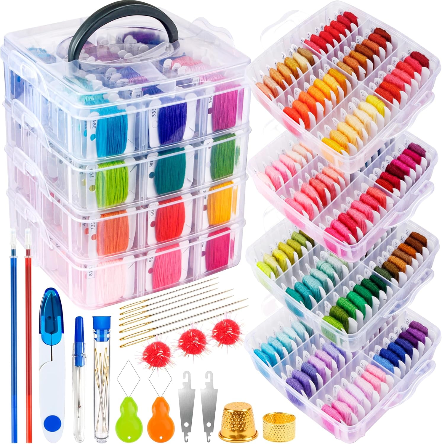 Embroidery Thread Floss Kit Including Colors Cross Stitch Sewing Thread with Floss Bins and Cross Stitch Tool, Transparent Storage Box