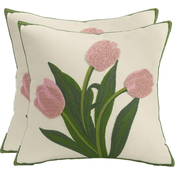 Embroidery Throw Pillow Covers 18x18 Pack of 2 Pink Tulip Flower Pillowcases Accent Decor Cotton Canvas Cushion Cover Square Farmhouse Floral Decoration for Bedroom Sofa Living Room