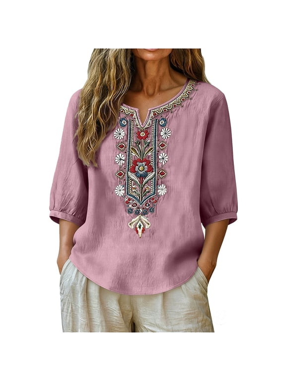 Embroidery Tops for Women UK, Cotton Linen T-Shirt Casual 3/4 Sleeve Blouse Loose Fit Boho Top Florals Swing T Shirt Elegant Oversized Tshirt Basic Lightweight Tee S-3XL