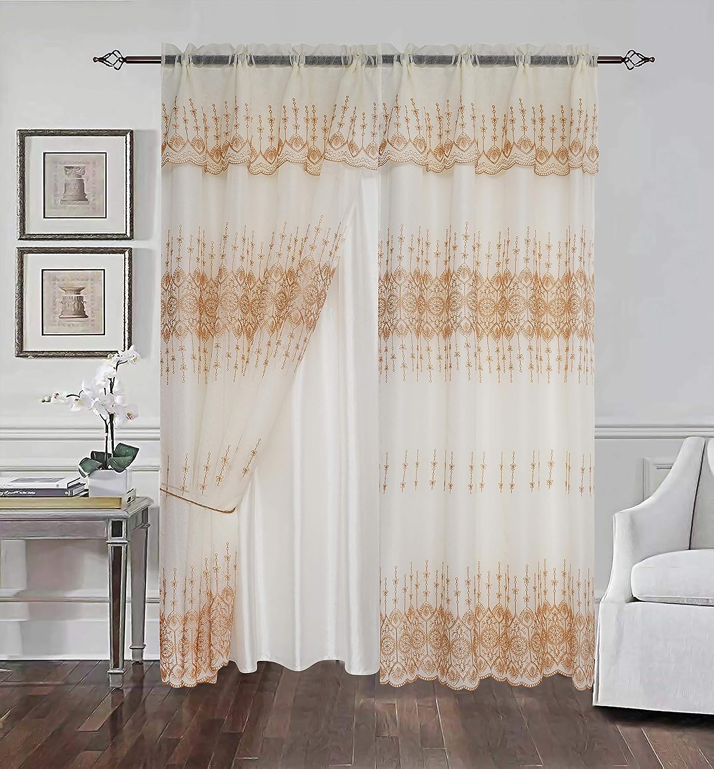 Embroidery Window Panel Set Drapes Curtain With Attached Valance And