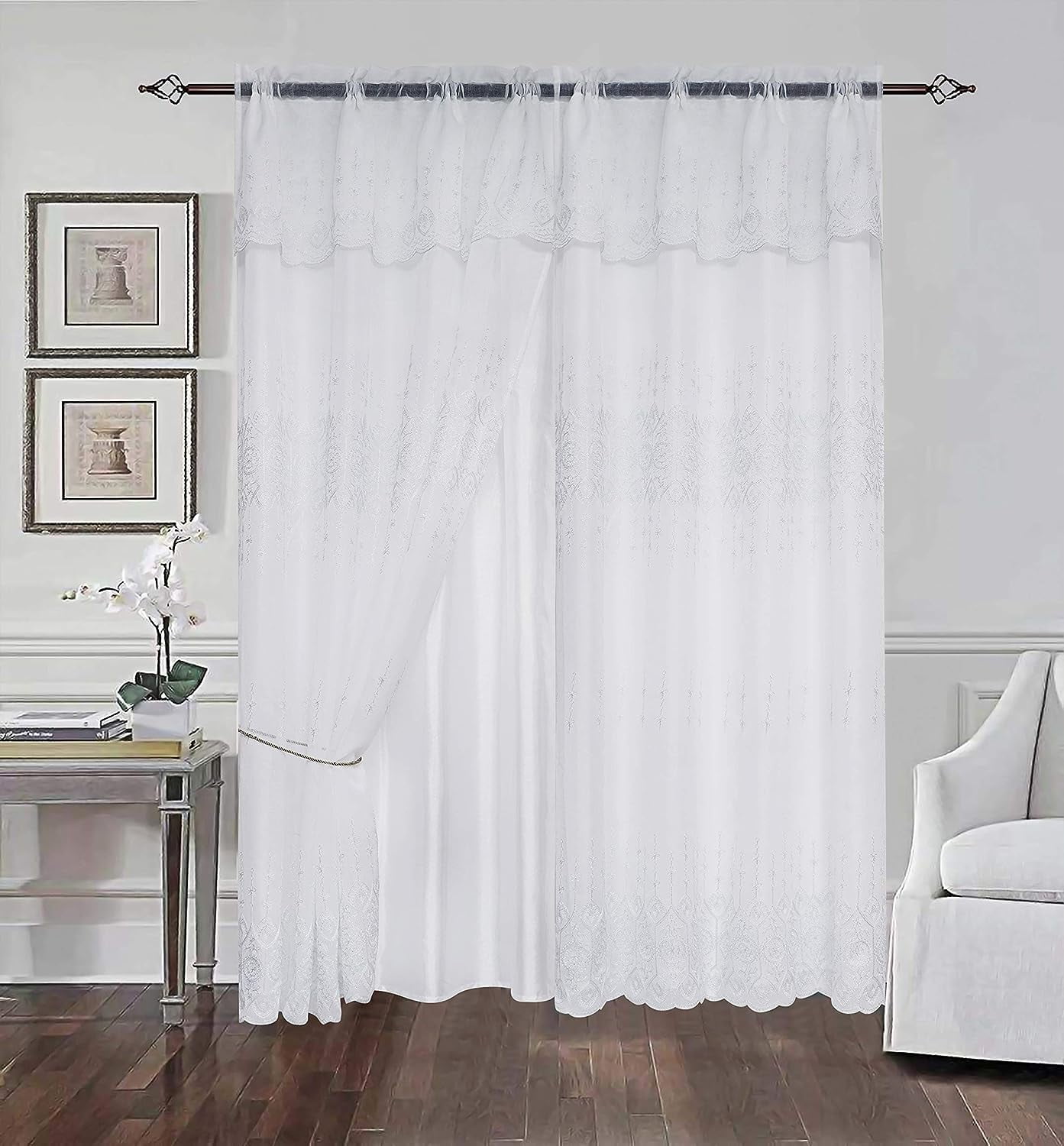 Embroidery Window Panel Set Drapes Curtain With Attached Valance And