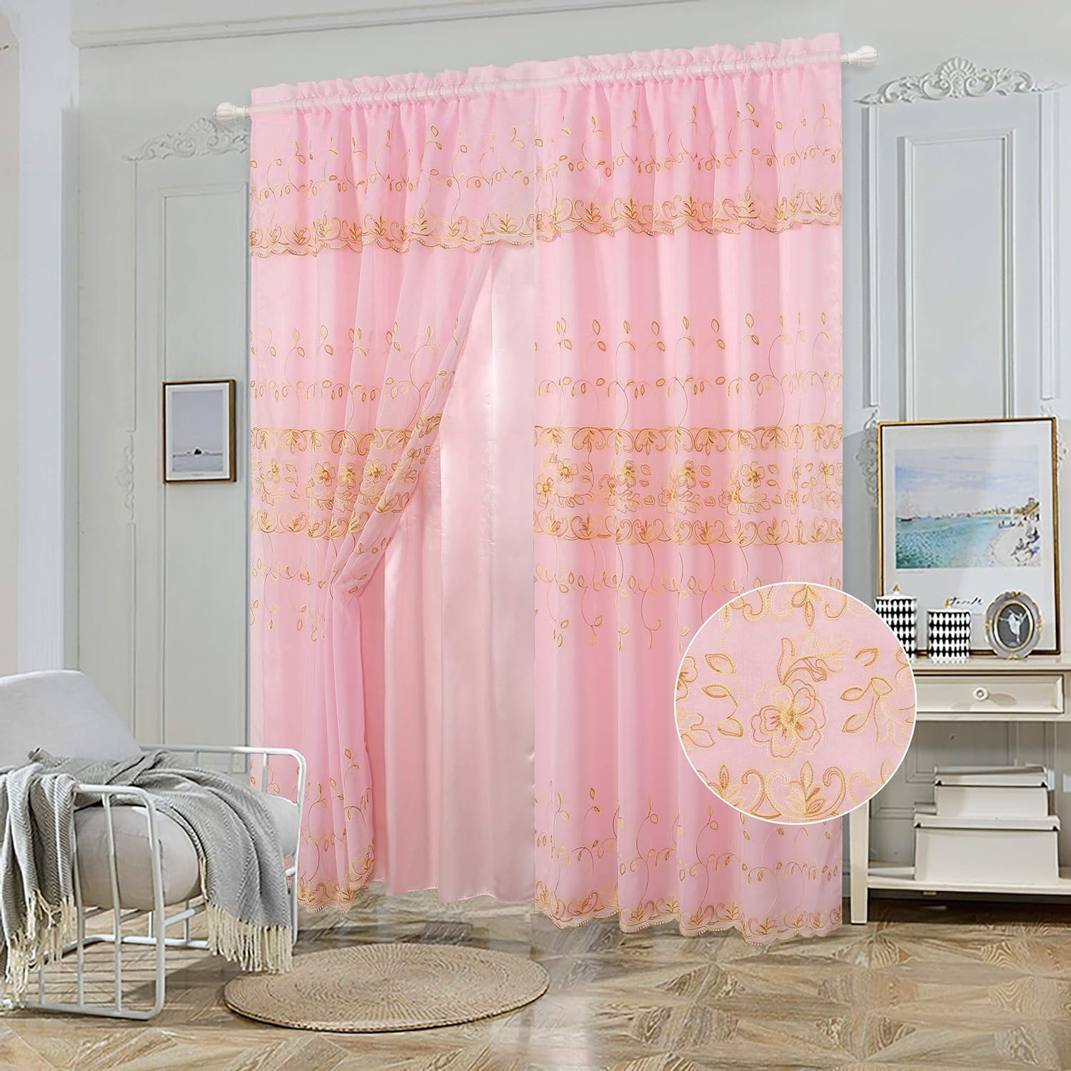 Embroidery Window Panel Set Drapes Curtain With Attached Valance And