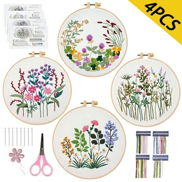 Embroidery kit for Beginners Adults,4 Sets Embroidery Starter Kit includes Floral Pattern and Instructions, Bamboo Hoop, Cloth