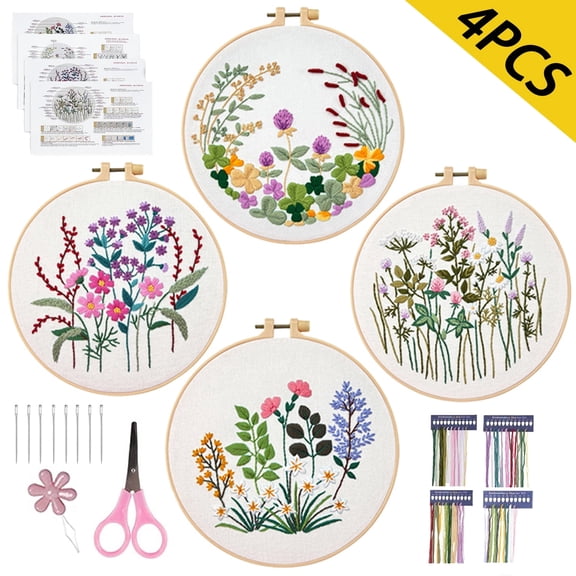 Embroidery kit for Beginners Adults,4 Sets Embroidery Starter Kit includes Floral Pattern and Instructions, Bamboo Hoop, Cloth