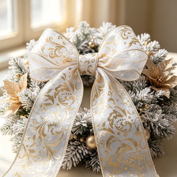 Emdiqzs Christmas Wired Ribbon, Gold Foil Scroll Pattern Sheer Organza Ribbon, Wired Edge Decorative Fabric Ribbon for Wreath Gift Wrapping Xmas Home Decor