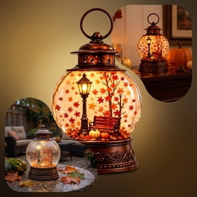 Emdiqzs Fall Lantern Snow Globe Lighted Autumn Leaves Tabletop Decor